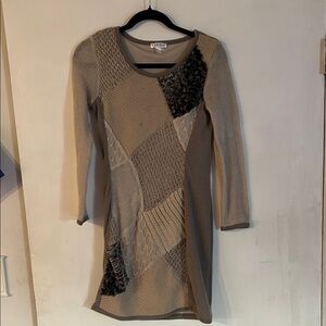 VENUS Long Sleeve Patchwork Dress in Tan and Black
